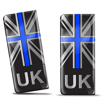 Image of Biomar Labs 2 x 3D Gel Silicone Badge Car Number Plate Self Adhesive Stickers GB UK United Kingdom Union Jack Thin Blue Line Flag EU Motorcycle Road Decals QS 7