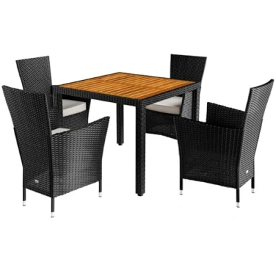 Image of CASARIA® Poly Rattan Garden Furniture Dining Table and Chairs Set 90x90cm Square 4 Seater Patio Seating Outdoor Balcony Terrace Conservatory Wood &amp; Wicker Black Acacia