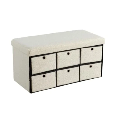 Image of Home Source Folding Ottoman 6 Drawer Teddy Boucle Fabric Storage Chest, Cream, 76cm
