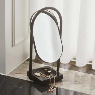 Image of AYTM Angui table mirror, black, height 35 cm, glass, marble
