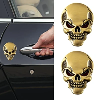 Image of Metal Skull Car Sticker, 2 Pcs of 3D Zinc Alloy Sticker Emblem Badge Styling Stickers Accessories for Motorcycle (Gold)