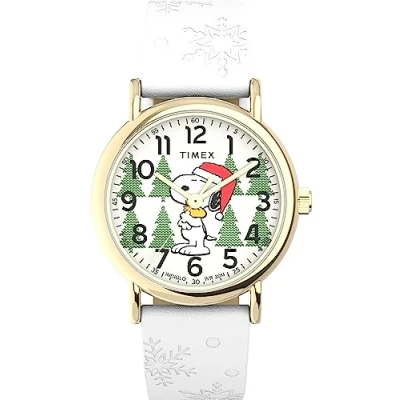 Image of Timex X Peanuts Holiday Weekender Unisex 38 mm Leather Strap Watch TW2W24100