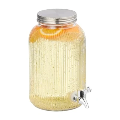 Image of Relaxdays Drinks Dispenser, Ribbed Beverage Jar, 4 litres, Tap and Lid, Water Container, Glass &amp; Iron, Transparent