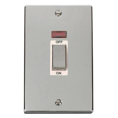 Image of Click Scolmore Decorative Ingot 2 Gang Double Pole Switch with Neon 45 A Polished Chrome White VPCH503WH