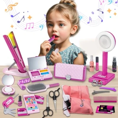 Image of xwin sportseries 31 Piece Kids Beauty &amp; Hair Styling Set Pretend Play Salon Kit with Light Up Straightener, Makeup, Comb, Toy Phone Storage Pouch for Girls Aged 3+