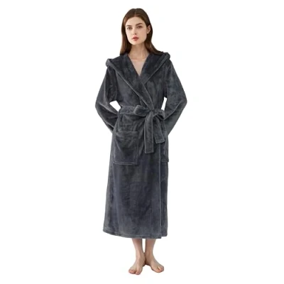 Image of Amorbella Super Soft Dressing Gown Fleece Robes Hooded Bathrobe Large Pocket(Grey, Medium)