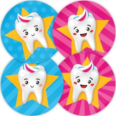 Image of Stone Melon School Reward Stickers 144 Happy Teeth Dentist Bravery Brushing 30mm Round Awards Nursery Teachers Parents Children Kids Stars