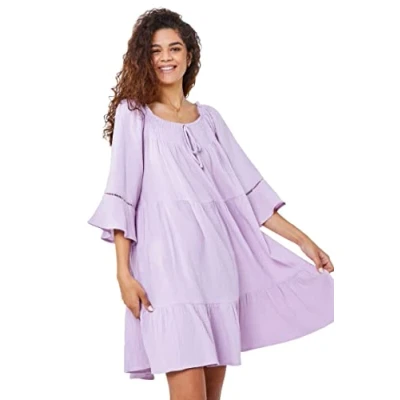 Image of Roman Originals Women Tiered Cotton Tie Detail Smock Dress Ladies Spring Everyday Summer Holiday Scoop Neckline Soft 3/4 Sleeve Comfy Side Pockets Frock Vacation Gowns Lilac Size 14