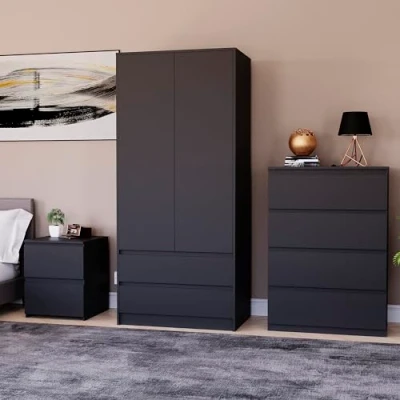 Image of Vida Designs Denver Bedroom Furniture Set (Black, 3pc 4 DWR Chest+2 Dr Wardrobe+2 Bedside Table)