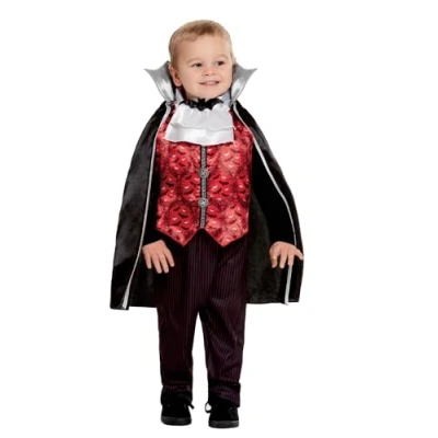 Image of Smiffys Toddler Vampire Costume, Red with Top, Trousers &amp; Cape, Halloween Child Fancy Dress, Dress Up Costumes