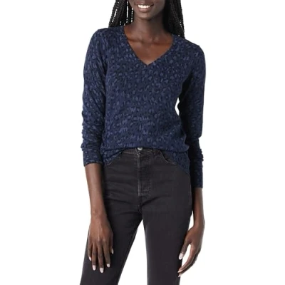 Image of Amazon Essentials Women&#039;s Classic Fit Lightweight Long Sleeve V Neck Jumper (Available in Plus Size), Black Navy Cheetah, XL