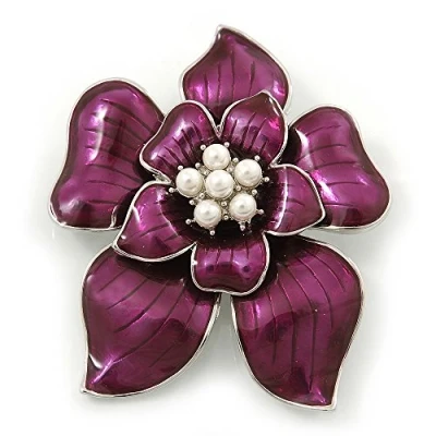 Image of Avalaya Deep Purple Enamel Layered Flower Brooch in Silver Tone 60mm L