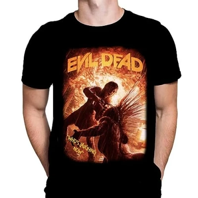 Image of Evil Dead Who&#039;s Laughing Now Mens T Shirt Horror Film Print, Black Cotton Shirt, Movie Poster Tee