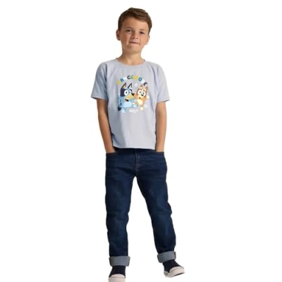 Image of Bluey &amp; Bingo Dance Mode Light Blue T Shirt for Kids Unisex Sizes 1 8 Years (UK, Age, 7 Years, Regular, Standard, Blue)