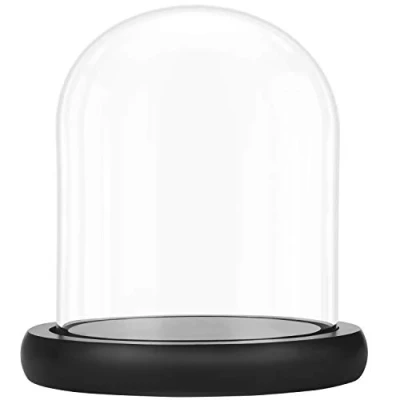 Image of BELLE VOUS Glass Dome Cloche Bell Jar with Black Wooden Base 17cm/6.69 Inches Clear Decorative Tabletop Display Case Tray for Fairy Lights, Centrepieces and Antiques