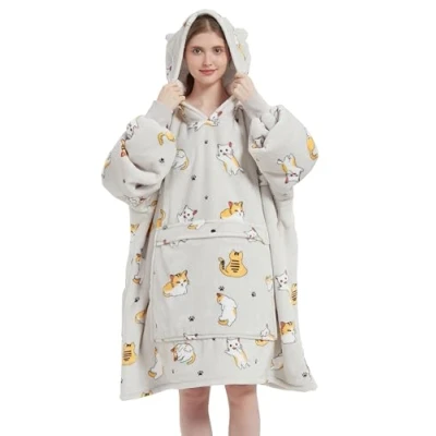 Image of VERTAST Oversized Hoodie Wearable Blanket Sweatshirt for Men Women, Comfortable Sherpa Lining Super Soft Plush Warm Homewear, Grey cat