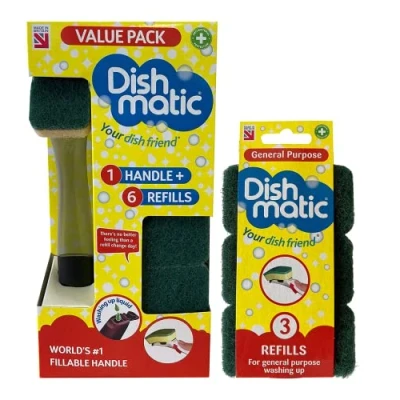 Image of Dishmatic Fillable Washing Up Brush and Sponge Value Pack, Includes 6X Replaceable Head Refills with 3X General Purpose
