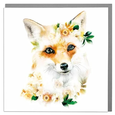 Image of Lola Design Wildlife Botanical Greeting Cards, Fox Suitable for Birthdays, Congratulations or Any Special Occasions Blank Inside with Grey Envelope 150mm x
