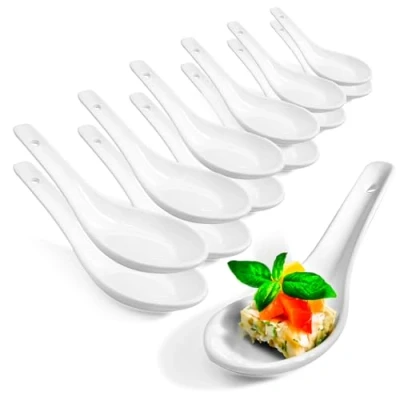 Image of COM FOUR® 12x Asian Rice Spoons Soup and Serving Made of White Porcelain for Bowls or appetizers Mini Chinese (12 Pieces White)