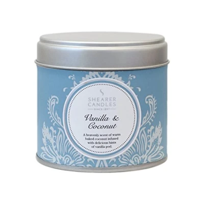 Image of Shearer Candles Vanilla and Coconut Large Scented Silver Tin Candle White