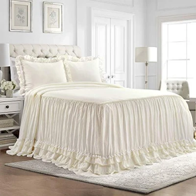 Image of Lush Decor Ella Vintage Chic Ruffle Lace Bedspread Ivory Farmhouse Style Lightweight 3 Piece Set King, Polyester