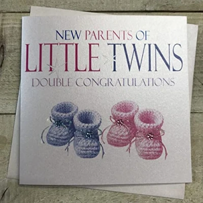 Image of New Parents Baby Card, Twins, Double Congratulations, Pink &amp; Blue booties Handmade by White Cotton Cards N226 P