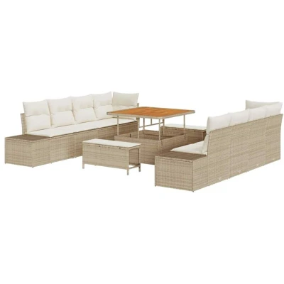 Image of vidaXL 11 Piece Garden Sofa Set with Cushions, Beige Poly Rattan &amp; Acacia