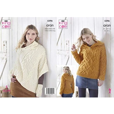 Image of King Cole 5396 Knitting Pattern Womens Hoodie Poncho and Hand Warmers in Fashion Aran,Multicolor,32&quot; 42&quot; bust