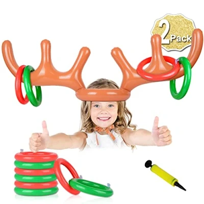 Image of AniSqui 2 Set Inflatable Reindeer Antler Game, (2 Antler, 12 Rings Ring Toss) Hat with Rings, Family Christmas Party Games