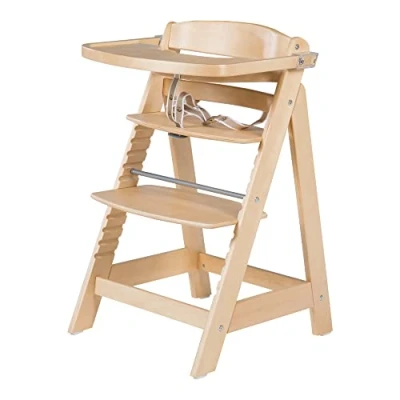 Image of roba Wooden Adjustable Highchair &#039;Sit Up Fun&#039; Grow Along for Babies and Children with Food Tray Safety Bar + Click Lock Function (Natural)