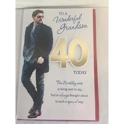 Image of To A Wonderful Grandson 40 Today Birthday Card Age 40th Forty White/Blue/Gold Casual Man/Words 3D/Foil Detail(PRELUDE45661)