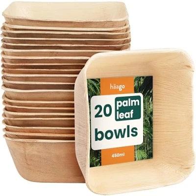 Image of HAAGO 20 Eco Friendly Palm Leaf Bowls Compostable Like Wooden &amp; Bamboo Disposable for Hot Cold Food, Microwave Freezer Safe Alternative to Paper Party 450ml Biodegradable