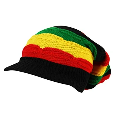 Image of Itzu Rasta Oversized Knit Slouch Peak Beanie Cap Hat in Black (Striped Twin Line)