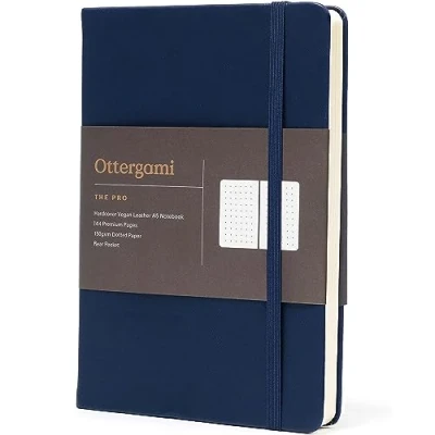 Image of Ottergami Dotted Notebook A5 Hardback The Pro Bullet Dot Journal 144 Pages, Thick 150gsm Paper Note Book Luxury Vegan Leather Journals for Women &amp; Men Work University Essentials (Blue)