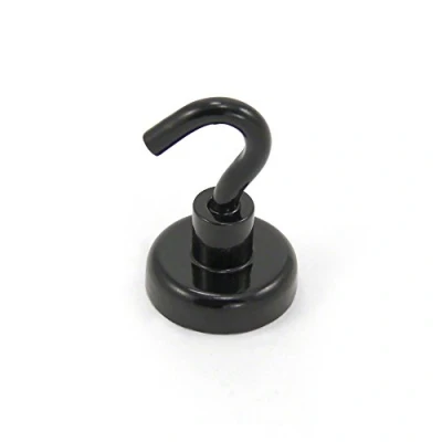 Image of Black Painted Neodymium Hook Magnet with M5 for Fridge, Whiteboard, Noticeboard, Filing Cabinet or Office 25mm Diameter x 36.5mm High 20kg Pull
