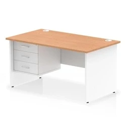 Image of Impulse 1400x800 Desk Oak/White Panel End Leg 1x3 Drawer Fixed Ped
