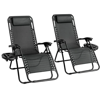 Image of Straame Garden Zero Gravity Chair Set of 2 Heavy Duty Textoline Outdoor &amp; Sunloungers Reclining Folding with Cup Holder and Headrest Pillow