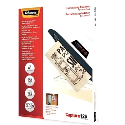 Image of Fellowes A3 Laminating Pouches, Gloss Finish, 100 Sheets, 250 Micron (2 x 125 Micron) High Quality Finish with Adhesive Back Can be Easily Fixed to Walls or Desktops