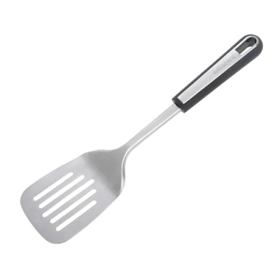 Image of Wiltshire Aspire Slotted Turner, Stainless Steel, Flipping &amp; Turning Tool, Cooking Spatula, Fish Slice, Anti Slip Soft Touch Handle, Grey Silver, 34x8.3x2.5cm