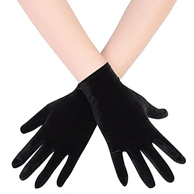 Image of EORUBE Short Opera Velvet Gloves for Women 1920s Flapper Stretchy Wrist Length Banquet Tea Party Halloween Costume (Black)