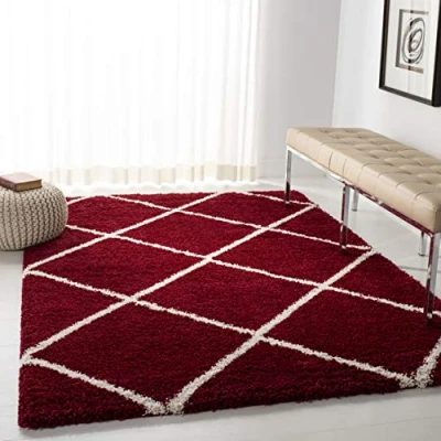 Image of Safavieh Shaggy Rug for Living Room, Dining Bedroom Hudson Shag Collection, High Pile, in Red and Ivory, 122 X 183 cm