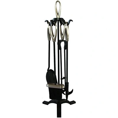Image of Fire Vida 5 Piece Companion Set Black Nickel Fireside Tongs Poker Brush