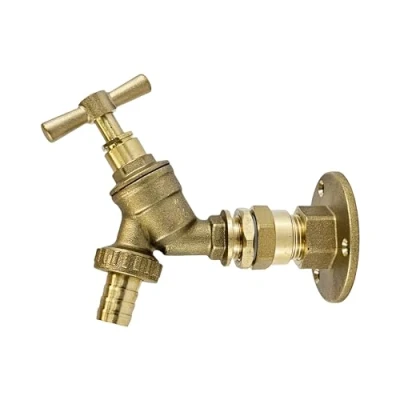 Image of Outside 1/2&#039;&#039; Garden Tap with Through The Wall Flange Bracket Set for 15mm Copper Or Plastic Pipe (Brass Bib Tap)
