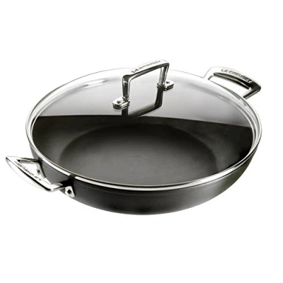 Image of LE CREUSET Toughened Non Stick Shallow Casserole Pot with Glass Lid, Diameter 30 cm, Black, 962002300