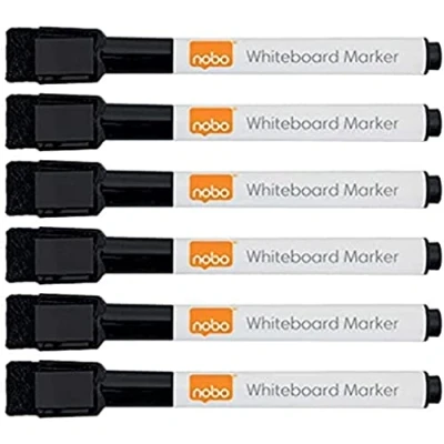 Image of Nobo Mini Whiteboard Pens With Magnetic Eraser Cap, 2mm Fine Tip, Pack Of 6, Dry Wipe/Erase, Low Odour, Black, 2104184