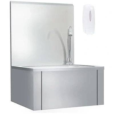 Image of &#039;VidaXL Hand Wash Sink Stainless Steel with Hot and Cold Faucet, Back Panel, Soap Dispenser, Suitable for Commercial Domestic Kitchens, Wall Mounted