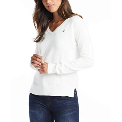 Image of Nautica Women&#039;s Effortless J Class Long Sleeve 100% Cotton V Neck Sweater, Marshmallow, XS