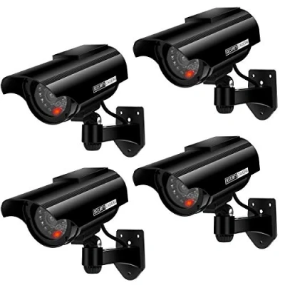 Image of Fake Dummy Imitation CCTV Security Camera, AlfaView Solar Powered Surveillance Camera with Flashing LED Light Bullet Shape, Outdoor Indoor Use for Homes &amp; Business, Black 4 Pack