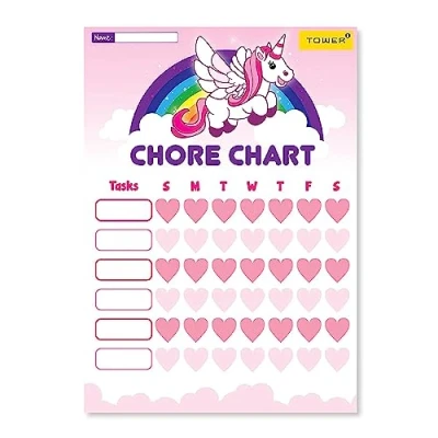 Image of Tower Unicorn Themed Reward Charts for Children Pack of 5 with Heart Shaped Stickers Motivate Good Behaviour, Potty Training, Homework Kids