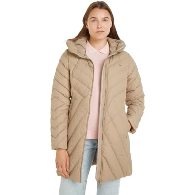 Image of Tommy Hilfiger Women&#039;s Chevron Down Coat with Hood, Beige (Beige), M